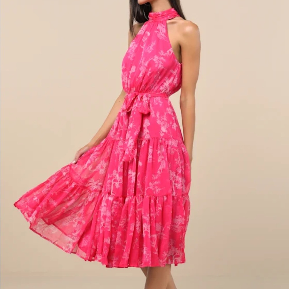 Lulus Float to You Pink Floral Halter-Neck Tiered Midi Dress Sz Medium